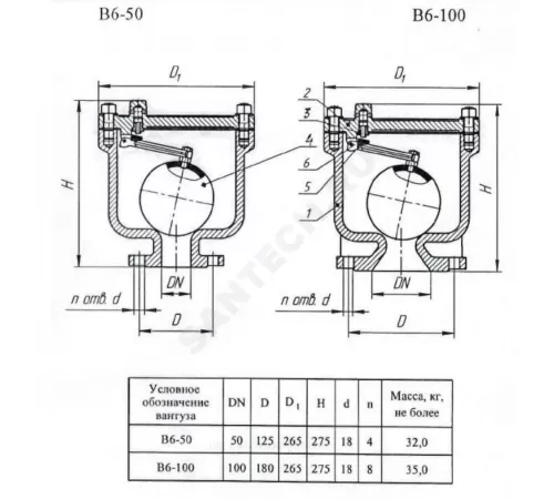 Вантуз автоматический однокамерный двойного действия чугун В6 Ду 100 Ру10 фл вертикальный Завод им Гаджиева