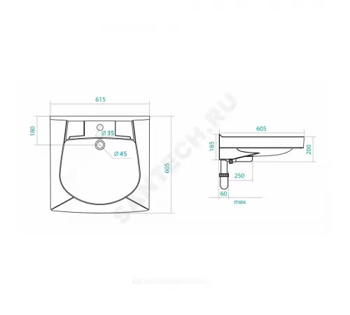 Умывальник подвесной Пилот 60 1 отверстие под смеситель по центру белый Santek 1.WH30.1.971