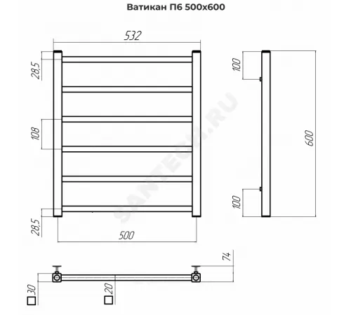 Полотенцесушитель водяной нерж сталь Лесенка Ду 15 (1/2") ВР 260 Вт 500х600мм 6П нижнее подключение б/к Ватикан Терминус 4670078544025