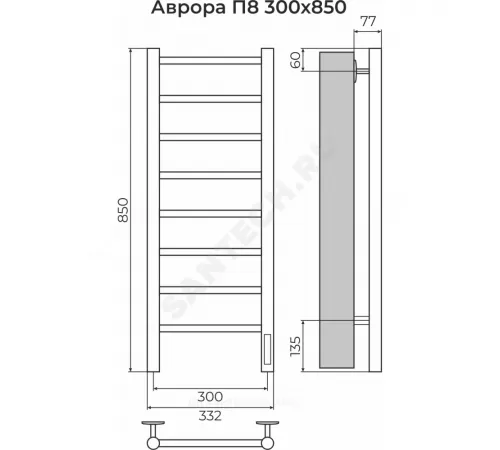 Полотенцесушитель электрический нерж сталь Лесенка 174 Вт 300х850мм 8П со встроенным диммером справа Аврора Терминус 4670078541833