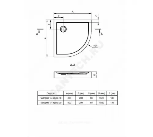 Поддон душевой акриловый Палермо 800х800х135 белый Santek 1.WH30.2.477