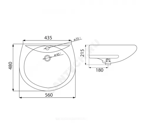 Умывальник подвесной Оптима 56 1 отверстие под смеситель по центру белый Лобненский стройфарфор 10/1/5/1-63