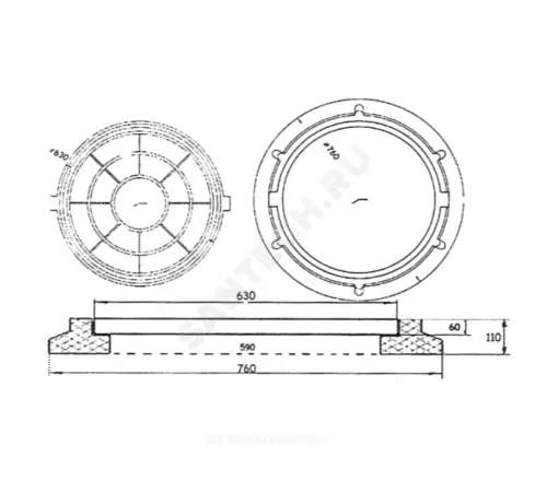 Люк полимер (тяжелый) серый/черный круглый 760х630 h=110мм 150кН Сантехкомплект