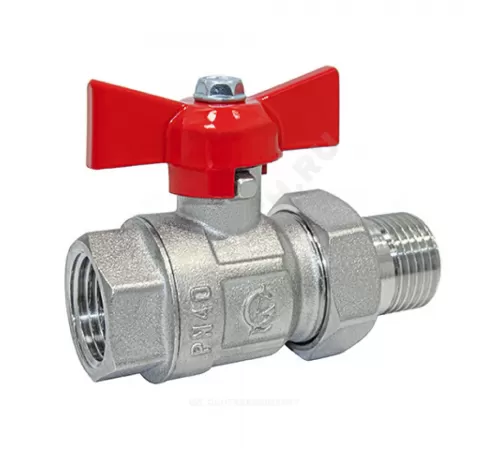 Кран шаровой латунь никель Крепыш 332 аналог 11б27п1 Ду 15 Ру40 ВР/"американка" полнопроходной бабочка красная ГАЛЛОП 0110217