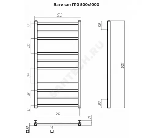 Полотенцесушитель водяной нерж сталь Лесенка Ду 15 (1/2") ВР 433 Вт 500х1000мм 10П нижнее подключение б/к Ватикан Терминус 4670078543974