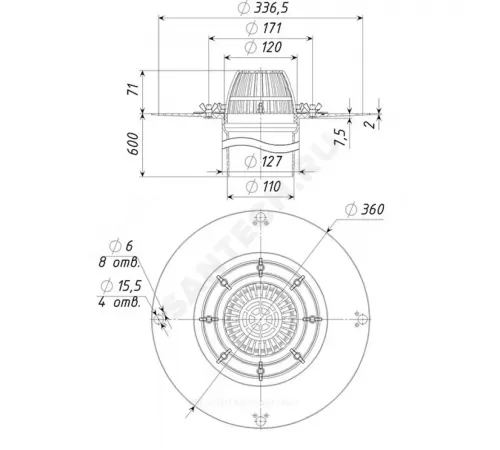 Воронка кровельная с вертикальным выпуском PP Дн 110 с листвоуловителем, прижимным фланцем из нержавеющей стали Татполимер ТП-01.100/6