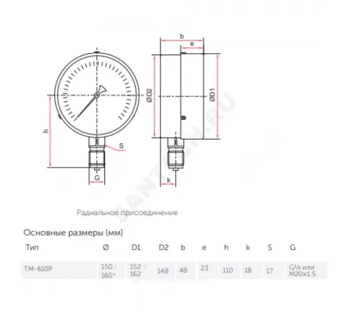 Манометр ТМ-610Р.00 радиальный Дк150мм 0-1,6 МПа кл.1,5 G1/2" Росма 00000006956