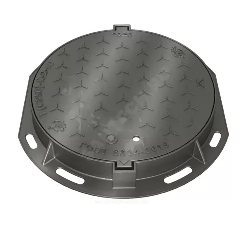 Люк чугун канализационный (К) Т (тяжелый) С250 круглый m=49,2кг h=100мм с замковым устройством фиксатором и пружиной Т(С250)-2-60 ГОСТ 3634-2019