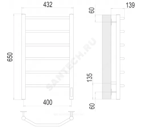 Полотенцесушитель электрический нерж сталь Лесенка 95 Вт 400х650мм 6П со встроенным диммером справа Виктория Терминус 4670078531186
