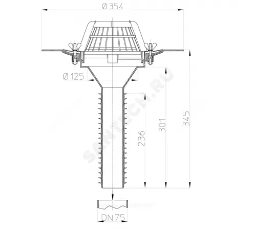 Воронка кровельная HL69 с вертикальным выпуском PP Дн 75 с листвоуловителем, обжимным фланцем HL HL69/7
