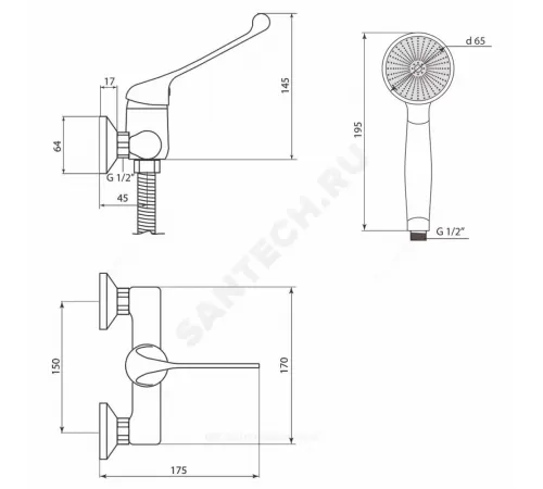 Смеситель для душа хирургический локтевой одноручный Хирург Х-серия Славен СЛ-ОД-Х40