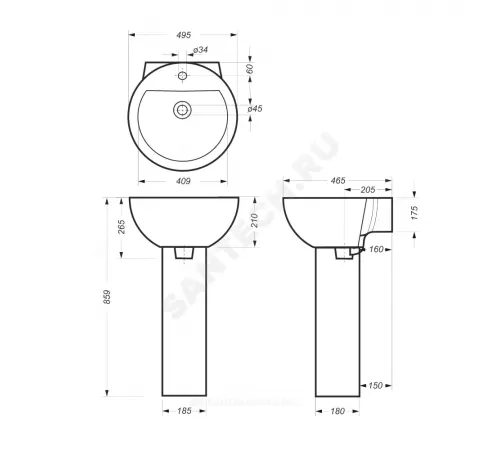 Умывальник подвесной Art 50 1 отверстие под смеситель по центру белый Sanita Luxe WB.PD/Art/50-C/WHT.G/S1
