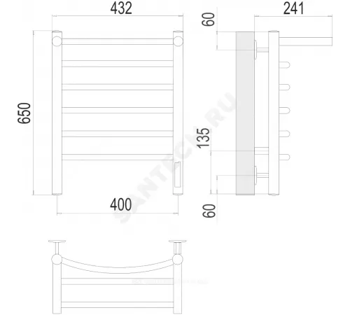 Полотенцесушитель электрический нерж сталь Лесенка с полочкой 90 Вт 400х650мм 6П со встроенным диммером справа Классик Терминус 4670078531384