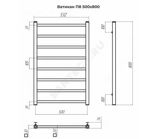 Полотенцесушитель водяной нерж сталь Лесенка Ду 15 (1/2") ВР 346 Вт 500х800мм 8П нижнее подключение б/к Ватикан Терминус 4670078544032