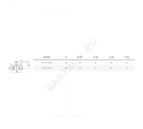Кран шаровой латунь газ 11Б27фтМ Ду 15 Ру40 НР полнопроходной рычаг VALFEX VF.270.LR3.012