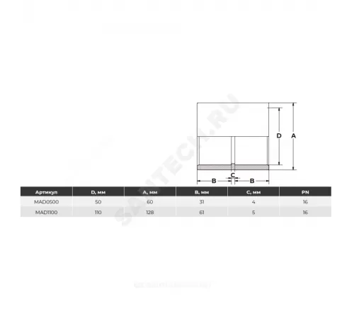 Муфта ПВХ Дн 50 Ру16 серая напорная под клеевое соединение Aquaviva MAD0500