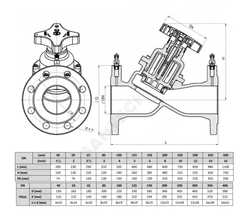 Клапан балансировочный ручной чугун 447A Ду 200 Ру16 Тмакс=120 оС фл Kvs=710м3/ч с измерительными ниппелями Zetkama 447A200C72