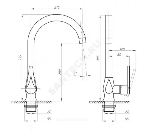 Смеситель для кухонной мойки ручка сбоку одноручный STEEL Профсан PSM-300-3