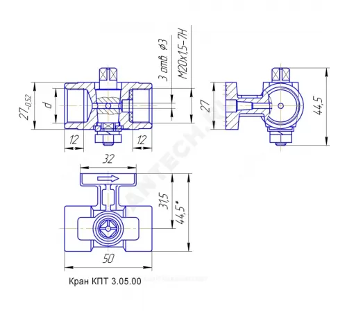 Кран для манометра 3-ходовой латунь 11б38бк/11б18бк Ду 15 Ру16 ВР G1/2"-М20х1,5 без рукоятки с фланцем ВИПРА КПТ 3.05.00