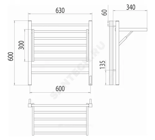 Полотенцесушитель электрический сталь Лесенка 197 Вт 600х600мм 8П со встроенным диммером справа черный муар Горизонт Терминус 4670078543523