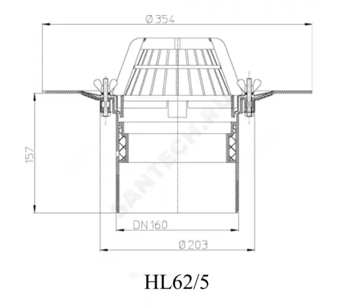 Воронка кровельная HL62 с вертикальным выпуском PP Дн 160 с листвоуловителем, теплоизоляцией, обжимным фланцем HL HL62/5