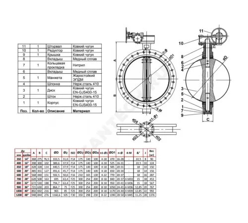 Затвор дисковый поворотный чугун VPE4548-08EP Ду 350 Ру16 межфл с редуктором диск чугун манжета EPDM Tecofi VPE4548-08EP0350