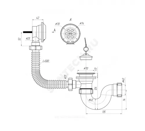 Слив-перелив для ванны трубный с пробкой на цепочке 1 1/2"x40 выпуск с нержавеющей решёткой D=70мм АНИ Пласт E150