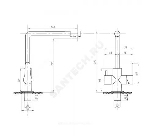 Смеситель для кухонной мойки ручка сбоку одноручный излив с каналом для питьевой воды STEEL Профсан PSM-307-22