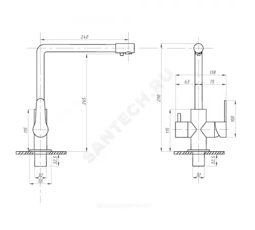 Смеситель для кухонной мойки ручка сбоку одноручный излив с каналом для питьевой воды STEEL Профсан PSM-300-22