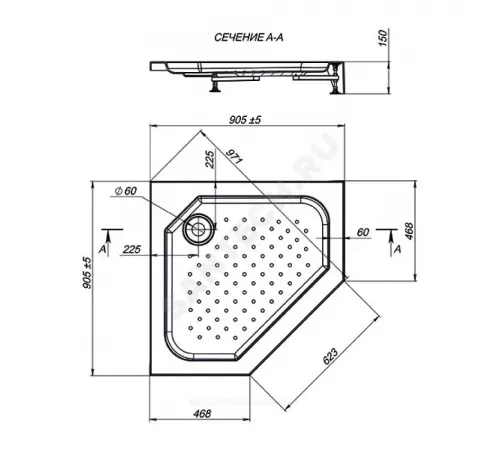 Поддон душевой акрил пятиугольный Nova Penta 900х900х150 с противоскользящим покрытием Мирсант УТ000065547
