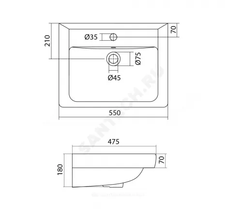 Умывальник мебельный Тигода 55 1 отверстие под смеситель по центру Santek 1.WH30.2.126