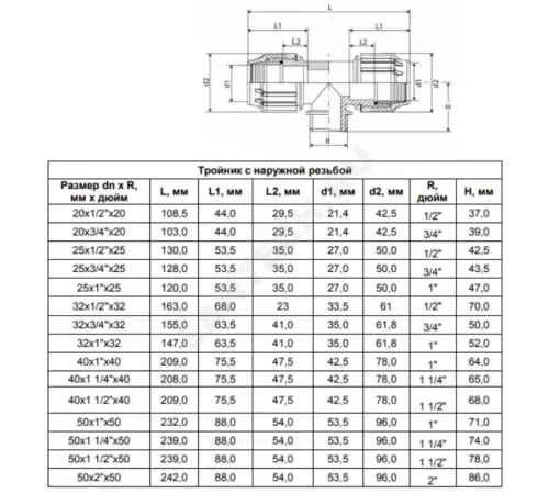 Тройник компрессионный ПЭ Дн 50х1"х50 НР ТПК-АКВА 51500150