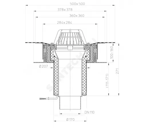 Воронка кровельная HL63.1H с вертикальным выпуском PP Дн 110 с листвоуловителем, электрообогревом, теплоизоляцией, гидроизоляционным полимербитумным полотном 500х500мм HL HL63.1H/1