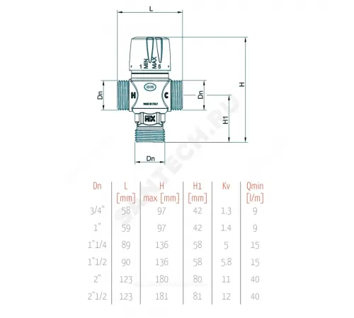 Клапан смесительный термостатический латунь 518 Ду 25 Ру10 НР Kvs=1.4м3/ч Tн=30-65C Tmax=90С OR 0518.025