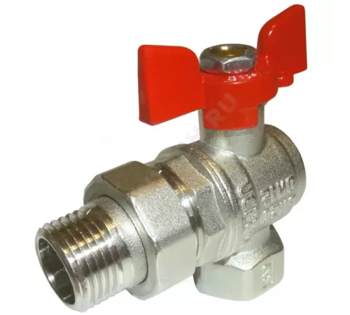 Кран шаровой латунь никель угловой 11Б27фт1М Ду 15 Ру50 ВР/"американка" полнопроходной бабочка красная VALFEX VF.269.NB1.012.PREMIUM