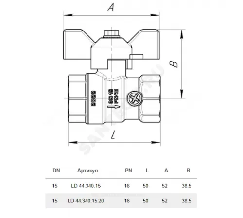 Кран для манометра шаровой латунь Pride Ду 15 Ру16 ВР G1/2"-М20х1,5 с бабочкой LD 44.340.15.20