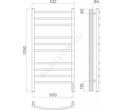 Полотенцесушитель электрический нерж сталь Лесенка 246 Вт 500х1050мм 10П со встроенным диммером справа Классик Терминус 4670078544469