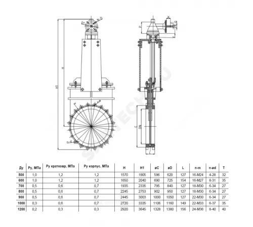 Задвижка шиберная двусторонняя чугун Ду 700 Ру5 межфл с редуктором под электропривод ISO2 F14 уплотнение: NBR Benarmo