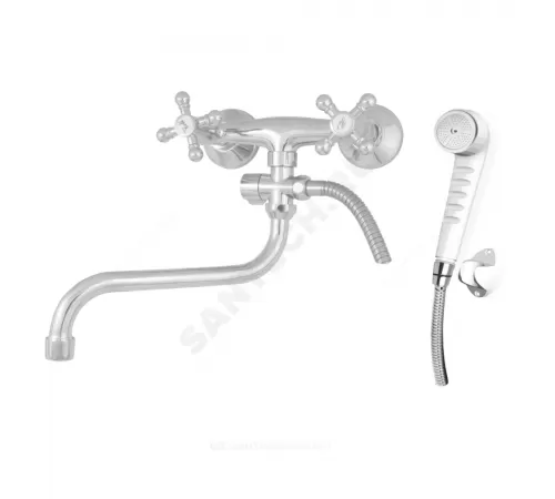 Смеситель для ванны с душем двуручный круглый излив, душевой шланг н/ж сталь, хромированная пластиковая лейка и кронштейн Стандарт ЦС-СМ 600/1-4 К М_Крест Центр Сантехники (Подольск) СМ513003