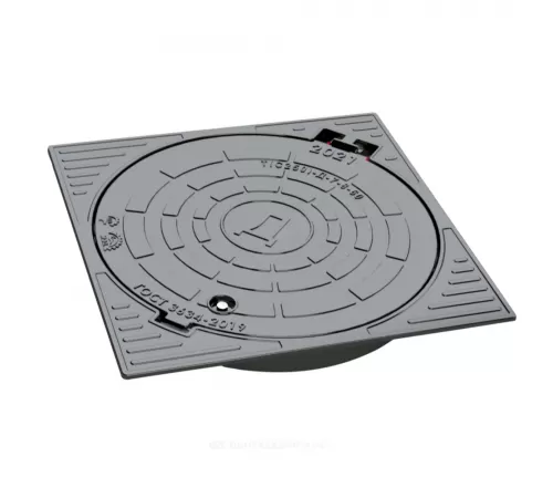 Люк чугун канализационный (К) Т (тяжелый) С250 квадратный m=49,5кг h=95мм с замковым устройством шарнирным механизмом, фиксатором и пружиной Т(С250)-7-8-60 ГОСТ 3634-2019