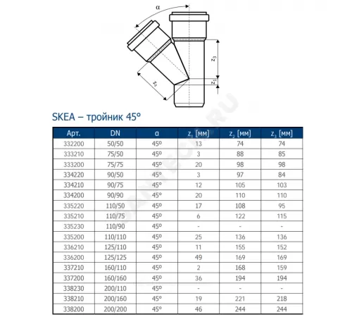 Тройник PP-MD бесшумный светло-серый Skolan Safe SKEA Дн 200х200х45гр (DN200) б/нап в/к Ostendorf 338200