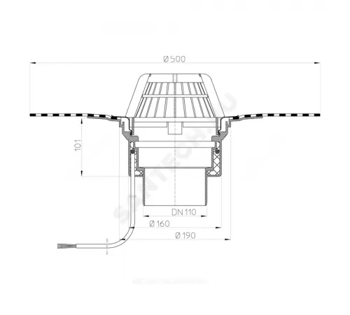 Воронка кровельная HL62.1H с вертикальным выпуском PP Дн 110 с листвоуловителем, электрообогревом, теплоизоляцией, гидроизоляционным полимербитумным полотном 500мм HL HL62.1H/1