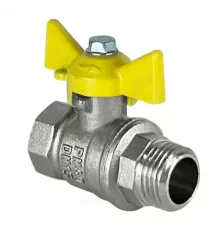 Кран шаровой латунь никель газ 11Б27фтМ Ду 15 Ру40 ВР/НР бабочка желтая VALFEX VF.278.NB3.012.N/P59
