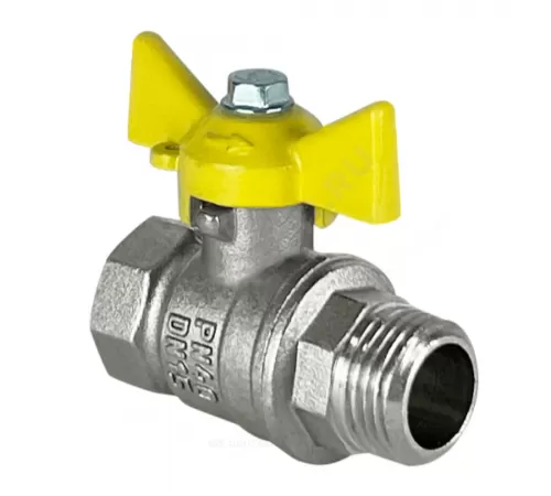 Кран шаровой латунь никель газ 11Б27фтМ Ду 15 Ру40 ВР/НР бабочка желтая VALFEX VF.278.NB3.012.N/P59