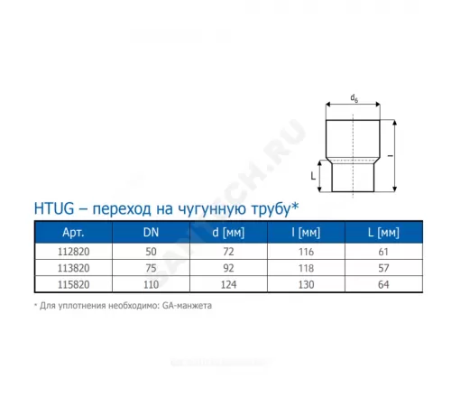 Переход PP-H на чугун серый HT HTUG Дн 110 б/нап без манжеты Ostendorf 115820