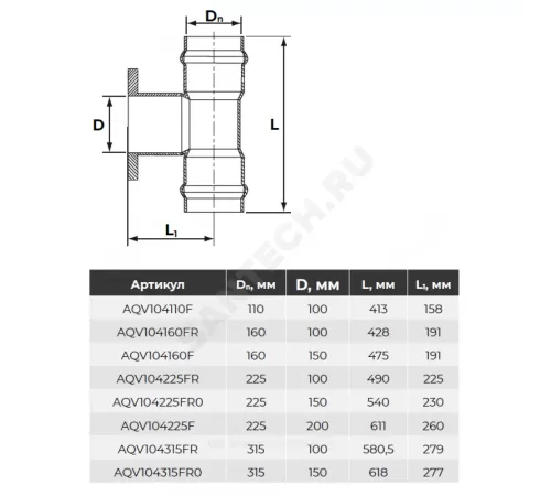 Тройник НПВХ SDR26 Дн 110х100 Ру10 серый напорный раструб/фланец под соединение с уплотнительным кольцом фланец НПВХ Aquaviva AQV104110F