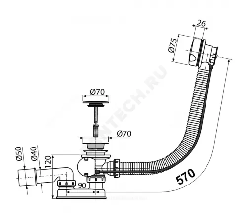 Слив-перелив для ванны плоский полуавтоматический (тросик) 1 1/2"x40 с переходной трубкой 10гр 40/50 слив клапан, пробка пластик D=70мм белый Alca Plast A51BM