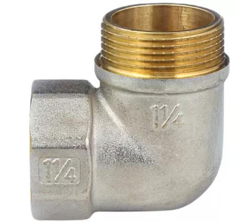 Угольник латунь никель реборда Ду 32 (1 1/4") ВР/НР 9006 ГОСТ 32585-2013 Aquasfera 9006-04