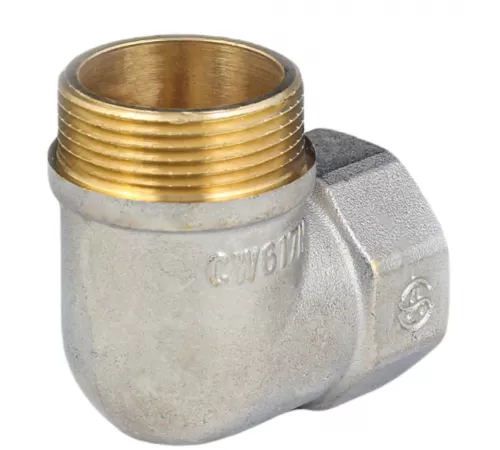 Угольник латунь никель реборда Ду 32 (1 1/4") ВР/НР 9006 ГОСТ 32585-2013 Aquasfera 9006-04