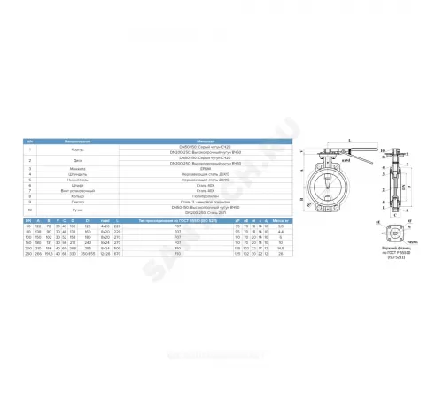 Затвор дисковый поворотный чугун 32ч1р Ду 250 Ру10 межфл с рукояткой диск чугун манжета EPDM ЛМЗ